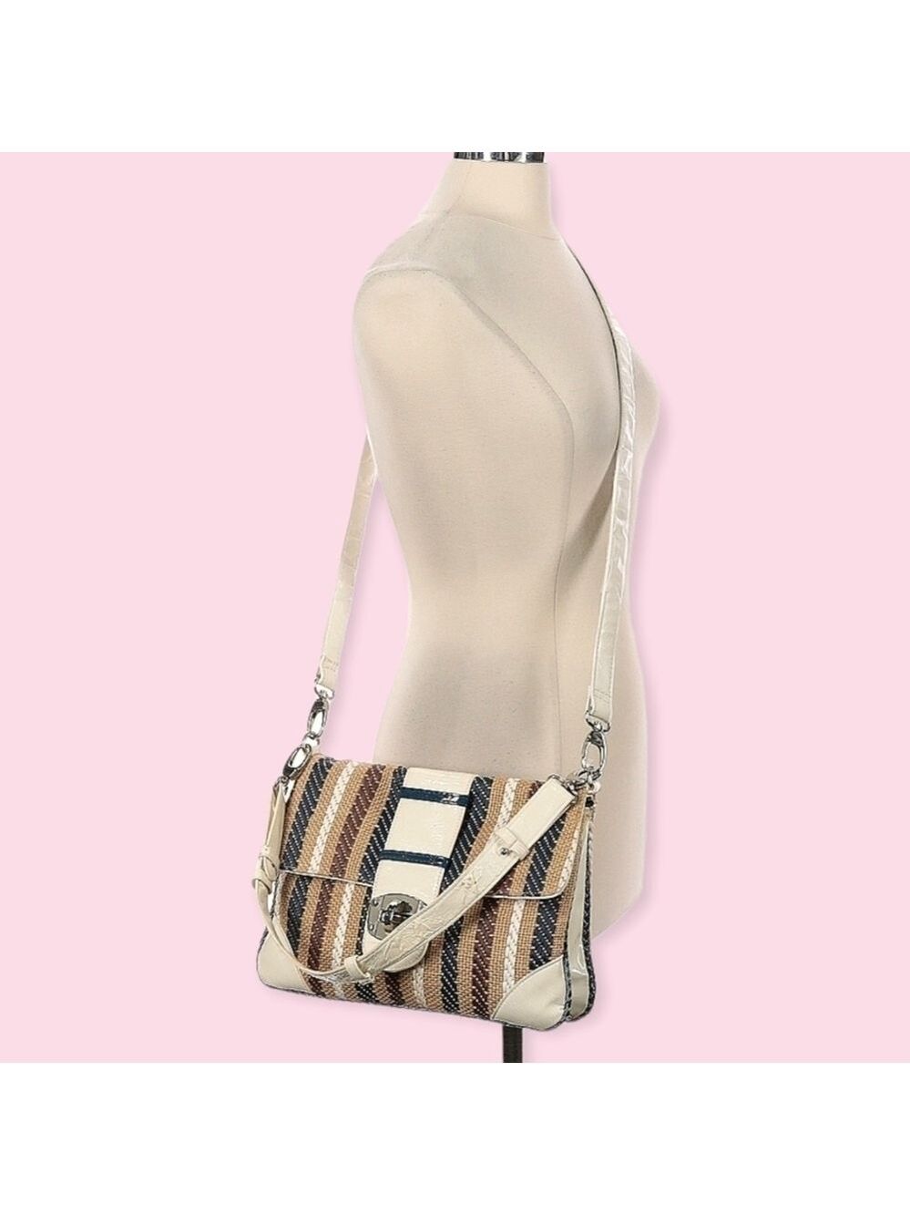 70s Canvas & Leather Turn Lock Satchel Crossbody Handbag Striped Neutral Boho